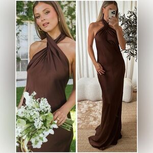 ShowMeYourMumu Jasmine Halter Maxi Dress- Chocolate Luxe Satin
